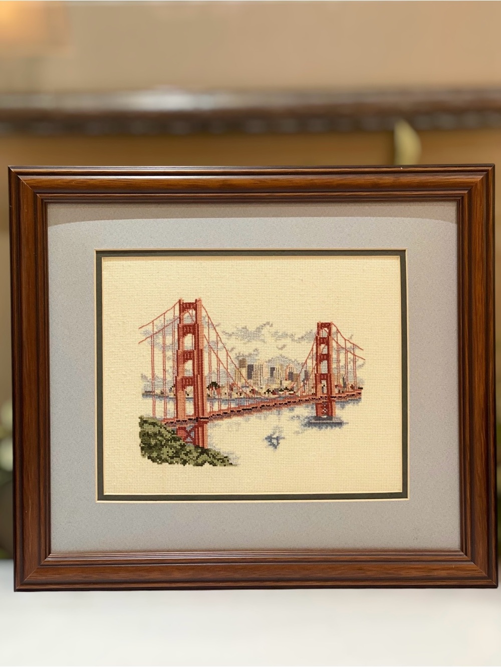 Vintage Needlepoint Framed Art Wall Picture Golden Gate Bridge Matted